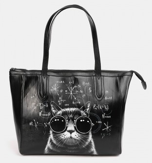 Черная кожаная сумка шоппер с рисунком «Кот в очках» - кожаная и замшевая женская сумка шоппер ручной работы с рисунком и вышивкой на заказ