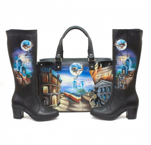Комплект кожаные сапоги и сумка "Мастер и Маргарита" - кожаный женский набор рюкзак и ботинки ручной работы с рисунком |  Sumnizza