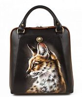 Кожаная сумка рюкзак с росписью "Рысь" ручной работы с рисунком на заказ