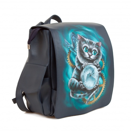 Женский кожаный рюкзак с росписью "Чешир с часами" - кожаный рюкзак ручной работы с оригинальным рисунком на заказ |  Sumnizza фото 3