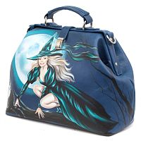 Сумка саквояж женская с росписью по коже "Ведьмочка" ручной работы с рисунком и вышивкой на заказ
