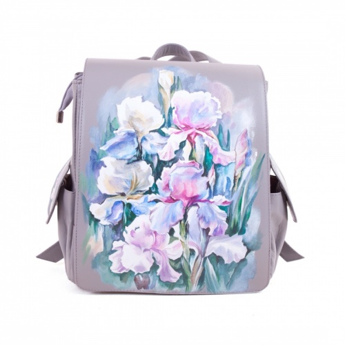 Большой женский рюкзак с росписью "Ирисы" - кожаный рюкзак ручной работы с оригинальным рисунком на заказ |  Sumnizza