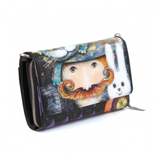 Сумка клатч через плечо с росписью "Алиса в стране чудес" на заказ - женская кожаная сумка ручной работы с авторским рисунком фото 4