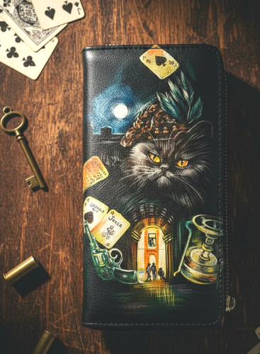 Прямоугольный кожаный кошелек черный с рисунком Кота Бегемота ручной работы на заказ - кожаный женский кошелек-портмоне ручной работы с рисунком на заказ |  Sumnizza