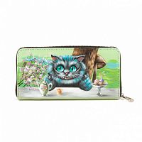 Кожаный кошелек-портмоне с рисунком Чешира "Чаепитие" ручной работы с рисунком на заказ