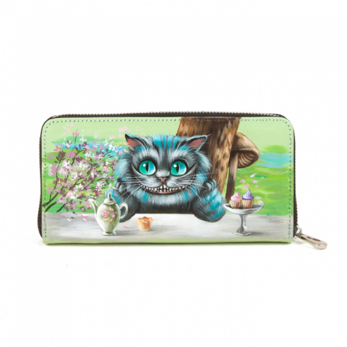 Кожаный кошелек-портмоне с рисунком Чешира "Чаепитие" - кожаный женский кошелек-портмоне ручной работы с рисунком на заказ |  Sumnizza