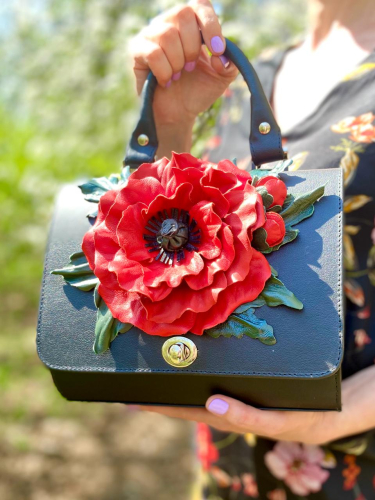 Дамская маленькая сумочка с аппликацией цветок ручной работы «Объемный мак» на заказ | Sumnizza фото 4