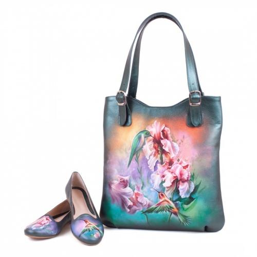 Комплект балетки и сумка-шоппер "Колибри" - кожаный женский набор рюкзак и ботинки ручной работы с рисунком |  Sumnizza