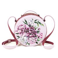 Круглая сумка из кожи с рисунком "Пионы" ручной работы на заказ