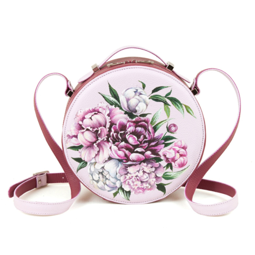Круглая сумка из кожи с рисунком "Пионы" - круглая кожаная женская сумка ручной работы с рисунком |  Sumnizza