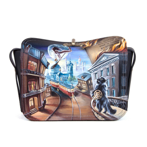 Женская кожаная сумка через плечо с рисунком ручной работы "Мастер и Маргарита" — кросс боди с принтом на заказ
