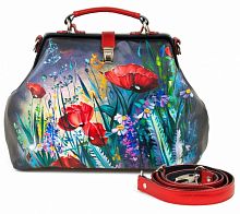 Саквояж из натуральной кожи с рисунком "Алые маки" ручной работы с рисунком и вышивкой на заказ
