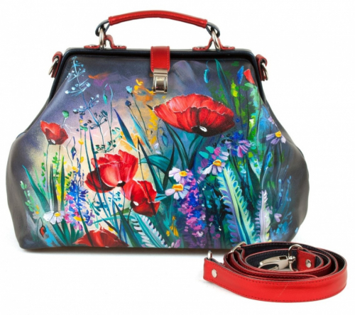 Саквояж из натуральной кожи с рисунком "Алые маки" — женская кожаная сумка саквояж ручной работы с рисунком и вышивкой на заказ