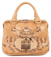 Женский кожаный саквояж с рисунком "Птица в клетке" ручной работы с рисунком и вышивкой на заказ
