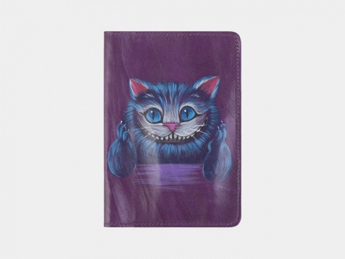 Фиолетовая обложка для паспорта "Чешир" - кожаный женский кошелек-портмоне ручной работы с рисунком на заказ |  Sumnizza