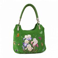 Модная сумка мешок "Ирисы" — женская кожаная сумка хобо, сумка мешок ручной работы с рисунком и вышивкой на заказ