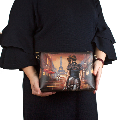 Женская кожаная сумка через плечо с рисунком ручной работы "Прогулка по Парижу" — кросс боди с принтом на заказ фото 6