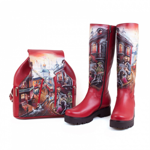 Комплект рюкзак и сапоги "Мастер и Маргарита" - кожаный женский набор рюкзак и ботинки ручной работы с рисунком |  Sumnizza