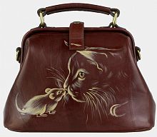 Женский саквояж ручной работы с росписью по коже "Кошка и мышка" ручной работы с рисунком и вышивкой на заказ
