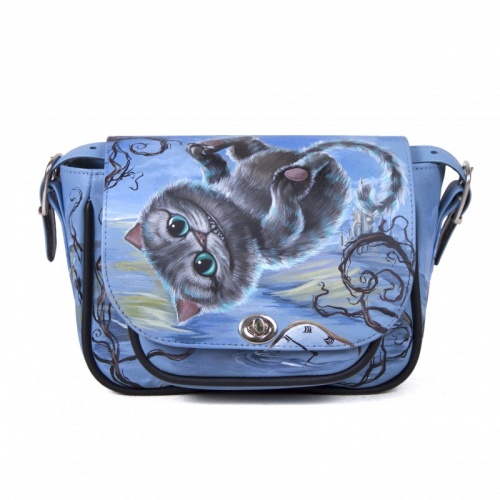 Женская кожаная сумка через плечо с рисунком ручной работы "Чешир" — кросс боди с принтом на заказ