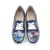 Голубые кеды "По следам Алисы" - оригинальные женские кожаные и замшевые кеды и слипоны ручной работы с принтом, рисунком