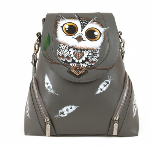 Модная женская сумка-рюкзак с ручной росписью "Совенок" ручной работы с рисунком и вышивкой на заказ
