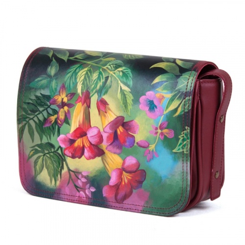 Женская кожаная сумка через плечо с рисунком ручной работы "Яркие колокольчики" — кросс боди с принтом на заказ фото 2