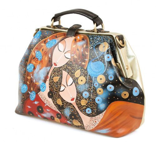 Кожаная сумка-саквояж с рисунком девушек "Встреча" — женская кожаная сумка саквояж ручной работы с рисунком и вышивкой на заказ фото 4