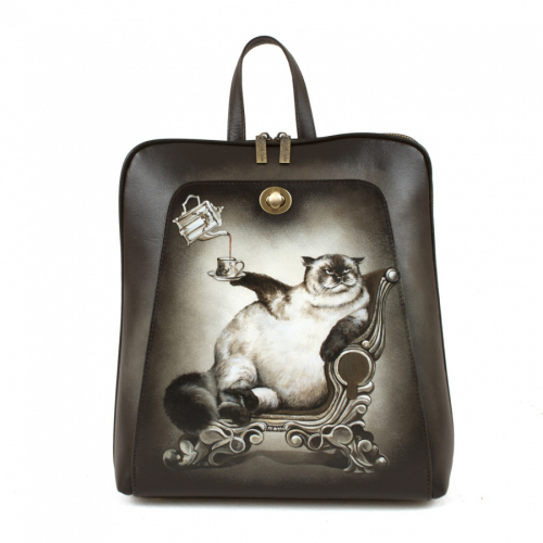 Женский рюкзак городского стиля с росписью "Кот Бегемот" ручной работы с рисунком и вышивкой на заказ - Sumnizza