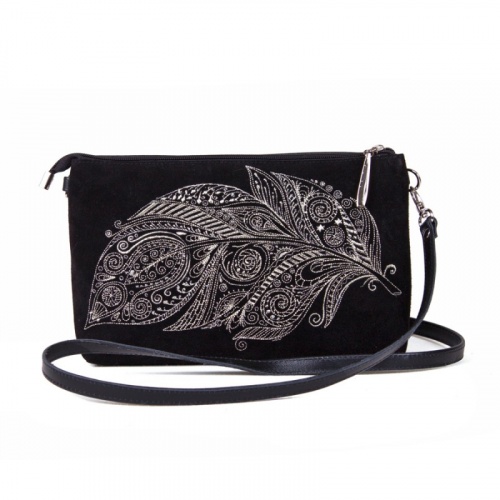 Замшевый вечерний клатч с вышивкой "Невесомое пёрышко" на заказ - женская кожаная сумка ручной работы с авторским рисунком