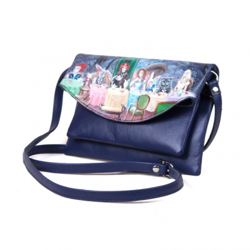 Женская кожаная сумка кроссбоди "Безумное чаепитие" на заказ - женская кожаная сумка ручной работы с авторским рисунком фото 2