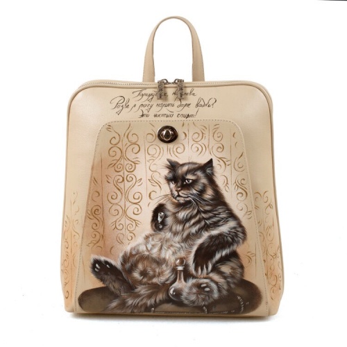 Кожаный рюкзак с рисунком "Кот Бегемот" ручной работы с рисунком и вышивкой на заказ - Sumnizza