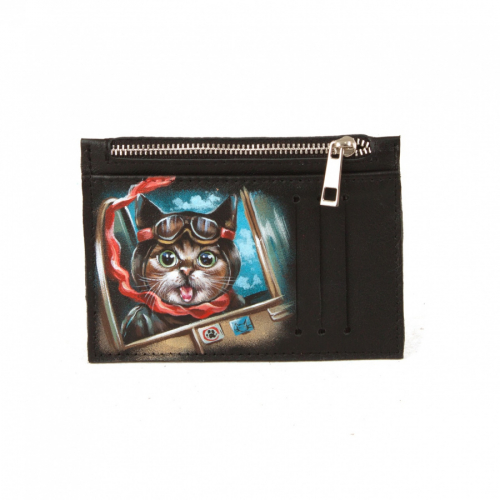 Кожаный холдер для карт с росписью "Котик-пилот" - кожаный женский конверт для карт, холдер ручной работы с рисунком |  Sumnizza
