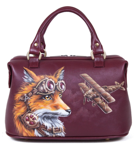 Сумка-саквояж из натуральной кожи с рисунком "Лиса пилот" — женская кожаная сумка саквояж ручной работы с рисунком и вышивкой на заказ