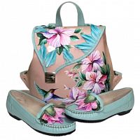 Комплект мокасины и рюкзак "Колибри" — женский кожаный набор туфли и сумка ручной работы с рисунком