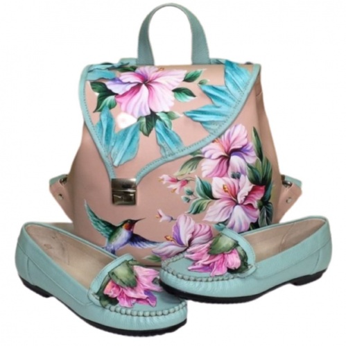 Комплект мокасины и рюкзак "Колибри" - кожаный женский набор рюкзак и ботинки ручной работы с рисунком |  Sumnizza