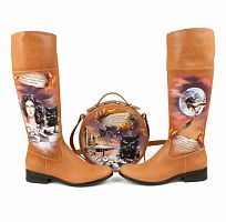 Комплект сапоги и круглая сумка "Мастер и Маргарита" — женский кожаный набор туфли и сумка ручной работы с рисунком