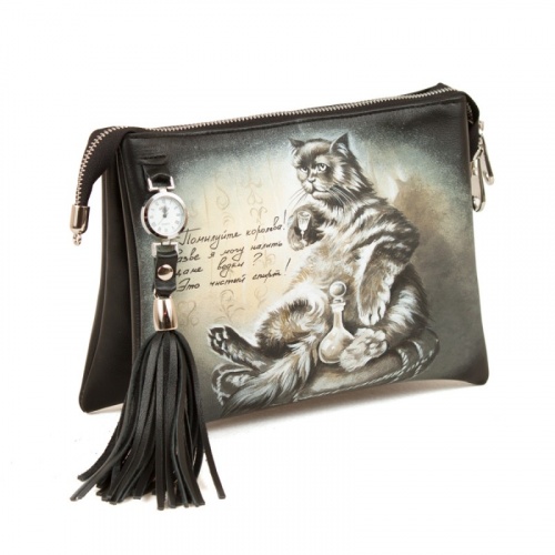 Клатч женский через плечо с рисунком "Кот Бегемот" на заказ - женская кожаная сумка ручной работы с авторским рисунком фото 2