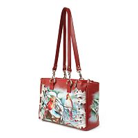 Кожаная сумка-шоппер красного цвета с ручной росписью снегирей и аппликацией - ручной работы на заказ