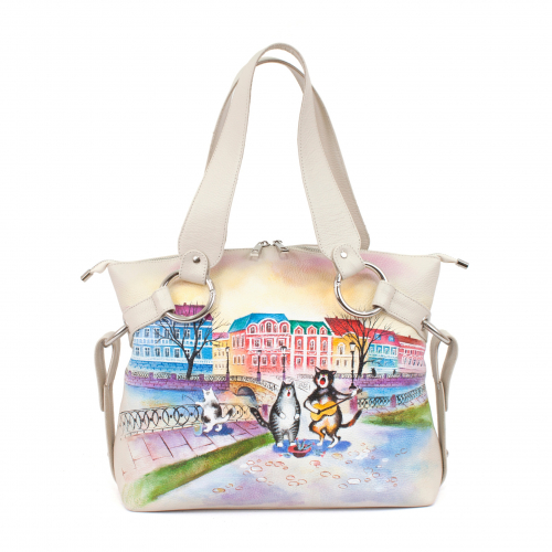 Комплект полуботинки и сумка шоппер "Питерские коты" - кожаный женский набор рюкзак и ботинки ручной работы с рисунком |  Sumnizza фото 5