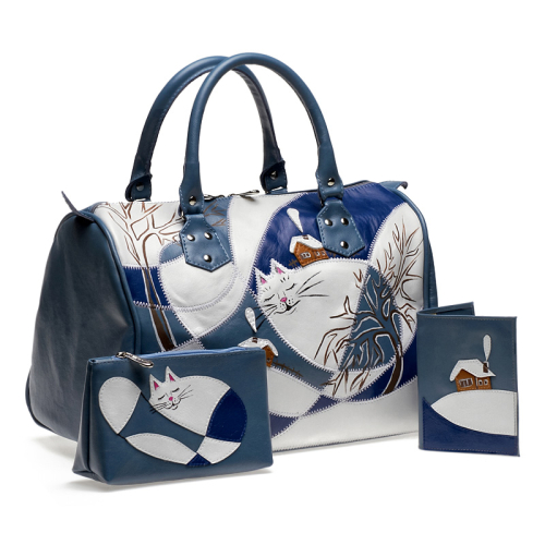 Большая женская сумка с аппликацией "Кот в сугробе" - кожаный дорожный саквояж ручной работы с рисунком на заказ |  Sumnizza фото 3