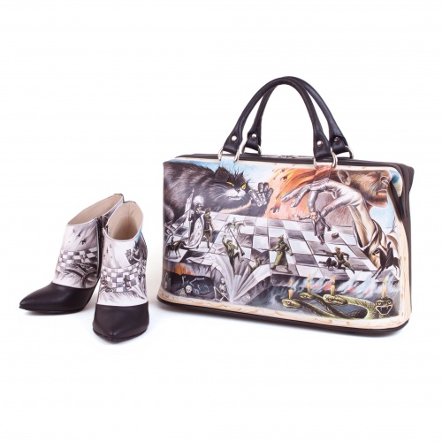 Комплект дамский саквояж и ботильоны "Шахматы" - кожаный женский набор рюкзак и ботинки ручной работы с рисунком |  Sumnizza фото 2