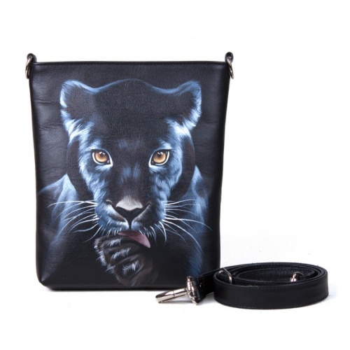 Женская кожаная сумка через плечо с рисунком ручной работы "Черная пантера" — кросс боди с принтом на заказ фото 4