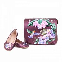 Комплект балетки и сумочка через плечо "Колибри" — женский кожаный набор туфли и сумка ручной работы с рисунком