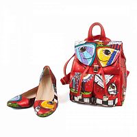 Комплект балетки и маленький рюкзак "Этно рыбы" — женский кожаный набор туфли и сумка ручной работы с рисунком