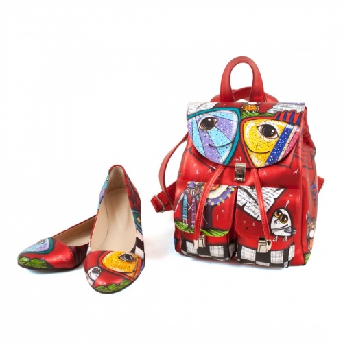 Комплект балетки и маленький рюкзак "Этно рыбы" - кожаный женский набор рюкзак и ботинки ручной работы с рисунком |  Sumnizza