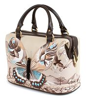 Дамский саквояж из кожи с росписью "Бабочка" ручной работы с рисунком и вышивкой на заказ
