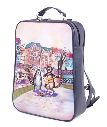 Кожаная сумка рюкзак "Коты артисты" ручной работы с рисунком и вышивкой на заказ
