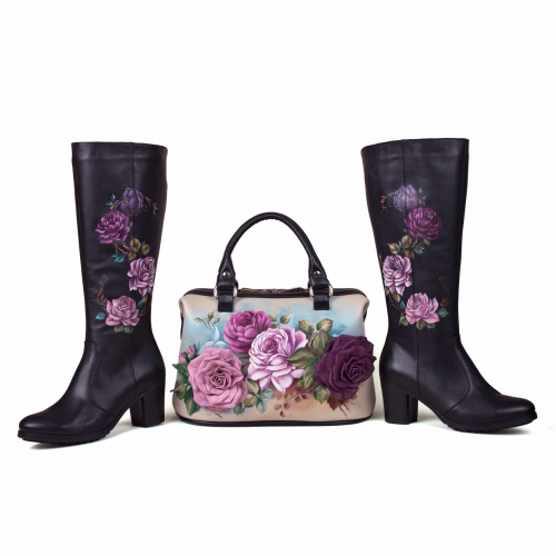 Комплект сапоги и сумка-саквояж "Розы 3D" - кожаный женский набор рюкзак и ботинки ручной работы с рисунком |  Sumnizza фото 2
