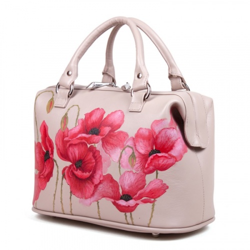 Кожаный комплект «Маки»: саквояж и косметичка с рисунком фото фото 2